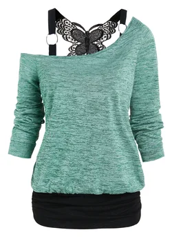 Colorblock Space Dye Butterfly Lace Ruched Zkosení Neck Faux Twinset T Shirt Ženy Módní Combo 2 V 1 Ležérní Dlouhý Rukáv Podzim