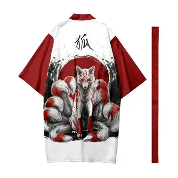 Nové Příjezdu Japonský Styl Fox Tisk Tradiční Kimono Muži Yukata Svetr Košile Cosplay Haori Nadrozměrných Streetwear Topy