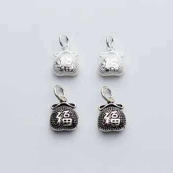 925 Sterling Silver Řemeslo Money Bag Přívěsky Čínský Dopis Štěstí Vyřezávané Stříbrné Přívěsky DIY Narozeninové Šperky Dárek