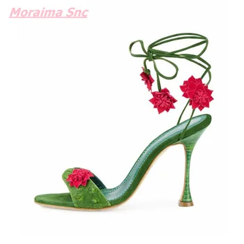 2022 Letní Módní Ženy Sandály Zelené Tenký Vysoký Podpatek Red Flower Sexy Mělké Obvaz Sladké Open Toe Pohodlné Společenské Boty