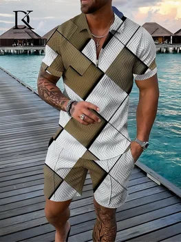 Trend Havajské Oblek Pro Muže Letní Mřížky Tištěné Krátký Rukáv Zip Klopě Polo Tričko Beach Šortky dvoudílné Pánské Oblečení