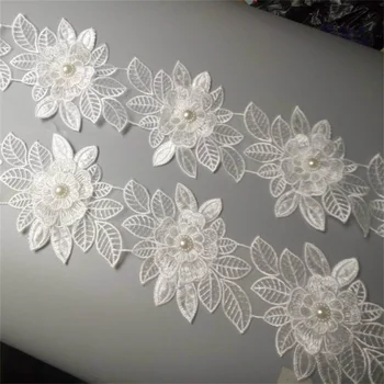 1 metrů 9X13 cm White Pearl Květina List Ručně vyráběné Korálky Vyšívané Krajky Pás Trim Stuha Nášivka Svatební Šaty Šití Plavidla