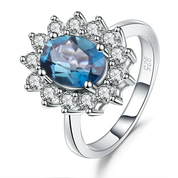 GEM JE BALET 1.57 Ct Oválný Květina, Přírodní Londýn Blue Topaz Prsten Real 925 Sterling Silver Snubní Prsteny pro Ženy Klasické Šperky