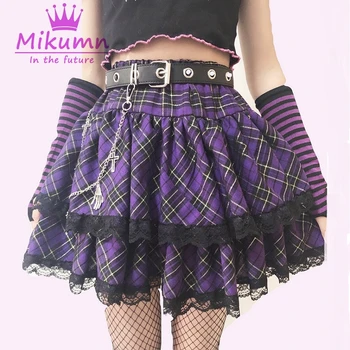 Japonské Harajuku Girls Purple Plaid Skládaná Sukně Gothic Punk Sladké Lolita Dort Mini Sukně Plesové Šaty Ženy Kawaii Krátké Sukně
