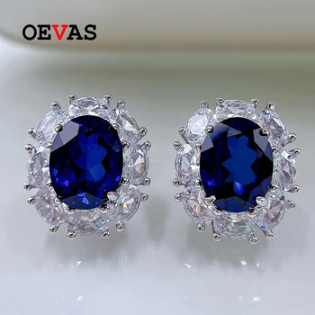 OEVAS 100% 925 Sterling Silver 7*9mm Sapphire s Vysokým obsahem Uhlíku Diamond Stud Náušnice Pro Ženy, Šumivé Svatební Party Jemné Šperky
