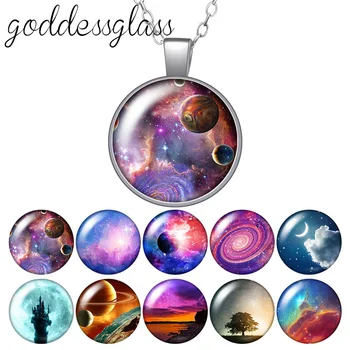 Vesmíru, Planety Země, Hvězdy, noc, Kulatý Sklo cabochon postříbřené Crystal náhrdelník s přívěskem šperky pro Dárek
