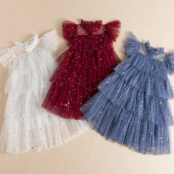 2023 Flitry Party Šaty Pro Dívky Lesklé Hvězdy Vzor Luk Duha Barevné Kostým Pro Děti, Vánoce, Nový Rok Šaty Pro Dítě