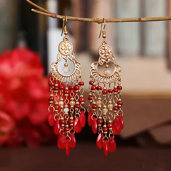 Módní Bohémské Dlouhé Náušnice Ženy Dovolené Letní Fan-tvarovaný Červený Krystal Korálky Střapcem Houpat Náušnice Svatební Indické Šperky