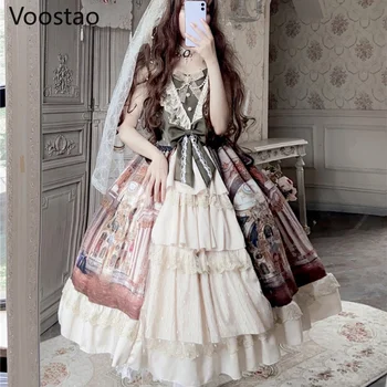 Vintage Viktoriánské Elegantní Lolita Princezna Jsk Šaty Ženy Sweet Lace Luk Bez Rukávů Party Šaty Dívky Elegantní Svatební Vestidos