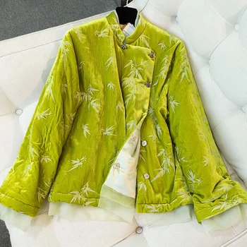 Zelený Čínský Styl Hedvábí + Sametové Tlusté Bavlněné Kabát dámská Zimní Nové Límcem Raglánové Rukávy Výšivky Retro Bunda S-XL