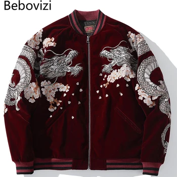 Bebovizi Japanese Style Pánské Dragon Phoenix Výšivky Hip Hop Bunda Streetwear Baseball Kabát Zimní Harajuku Červené Víno
