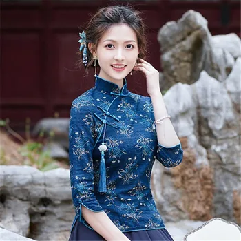 2023 Podzim nový Čínský styl límcem lepší cheongsam bunda denně retro ženy čaj art top qi pao top retro halenka a438