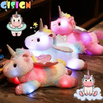 Zářící Unicorn Plyšové Hračky, Měkké Vycpané Zvíře Jednorožec Roztomilá Panenka Peluche Polštář LED Zdroj Světla Vánoční Dívka Hračky Pro Děti