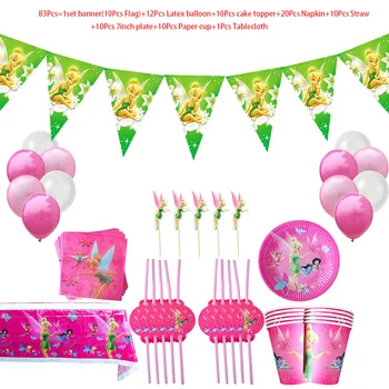 83Pcs Tinker Bell Dívky Birthday Party Dekorace Jednorázové Papírové Talíře, Šálky, Ubrousky Balón Nádobí Set Baby Sprcha