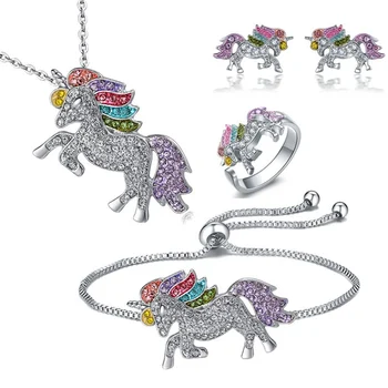FDLK Luxusní Crystal Unicorn Šperky Set, Roztomilý Rainbow Koně, Postříbřený, Náhrdelník, Náramek, Prsteny, Náušnice Pro Ženy, Dívky Šperků