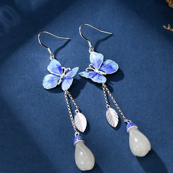 925 stříbrný smalt modrý motýl střapec náušnice pro ženy Vynikající dlouhá národní přírodní styl Hotan nefrit šperky orchidej