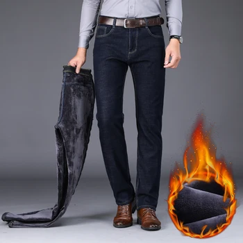 Móda Zahustit Džínové Džíny pro Muže, Zimní Nové Teplé Slim Fit Jeans Black Blue Pánské Oblečení Obchod Fleece Stretch Pánské Kalhoty