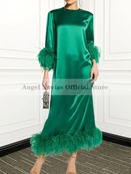 ANDĚL NOVIAS Dubaj arabské Zelené Midi Šaty s Peřím Robe De Soirée De Mariage Svatební Zásnubní Šaty