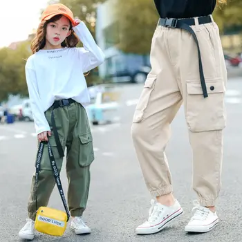 Módní Cargo Kalhoty pro Dospívající Dívky Super Kalhoty S Páskem Volný Styl Děti Bavlna Sport Běh Kalhoty Pro Dospívající Dívku 5-14 Let