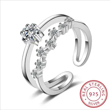925 Sterling Silver Ring Pro Ženy Luk Double-vrstvené Zirkony Nastavitelný Kroužek Nádherné Dámské Šperky Dárek k Narozeninám