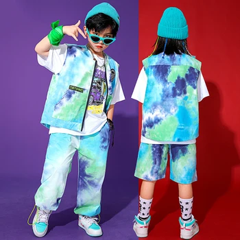 Děti Národní Příliv Hip-Hop Taneční Oblečení Děti Tie-Barvivo Modré Volné Streetwear Jazzové Vystoupení Kostýmy Jevištní Oblečení DQS7524