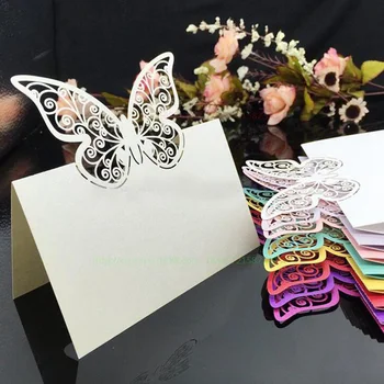 100ks/mnoho Laser Cut Bílé Butterfly Místo Karty Název Tabulky Papír Řez Karty Laskavosti Svatební Party Pozvání Události Dekor Dodávky