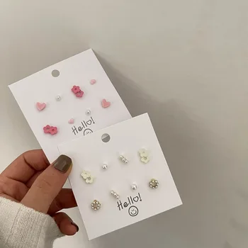 AOMU Růžová Bílá Překrývající Flower Stud Náušnice pro Ženy, Dívky Korea Sladké Pryskyřice Srdce Pearl Malé Náušnice Šperky Set