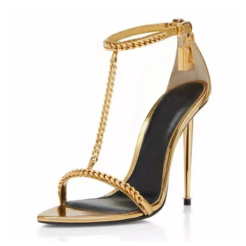 Dámské Fashion Super High Tenký Podpatek Sandály s Zlatý Řetěz a Zámek Žena Sexy T-Popruh Open Toe Strana Boty