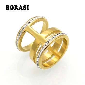BORASI Luxusní Crystal Bílý Zirkon Zlato Stříbrné Barvy Prsten z Nerezové Oceli Nový Módní Šperky Muži Ženy Snubní Prsteny