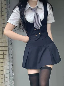 Sexy Tričko Vesta Mini Sukně s Kravatou Letní korejský JK Oblek American Hot Girl Styl Školní Uniforma