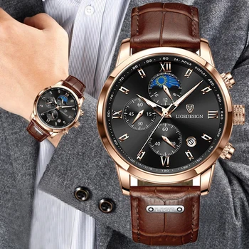 LIGE Hodinky Pánské Sport Quartz Chronograf Náramkové hodinky Luxusní Kožené Hodiny s Svítící Hodinky Mužské Ležérní Relogio Masculin