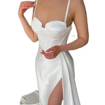 Sexy Prom Večerní Šaty Bílé Bez Rukávů Satén Délka Podlahy Party Šaty Vysoké Split Mořská Panna Koktejlové Šaty Plus Velikost