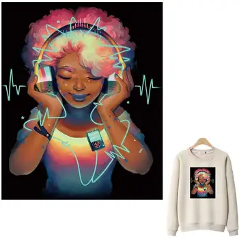 Iron-On Transfer Pro Oblečení Music Girl A-Level V Pračce Žena T-Shirt Thermoadhesive Opravy Nádherné Malované Oblečení Nálepka