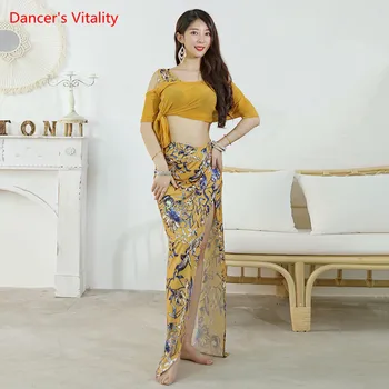 Belly Dance Kostým Ok Flitry Top Tištěné Ice Hedvábí Sukně Výkon Oblečení Nastavit Orientální Tanec Dospělé Samice Praxe Oblečení