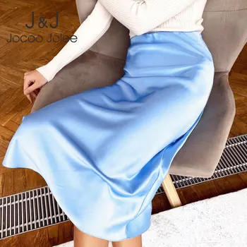 Jocoo Jolee Ležérní Vysoký Pasu Hedvábí Dlouhé Sukně Letní Office Lady Midi Sukně Ženy 2022 High Street Elegantní Saténové Bodycon Sukně