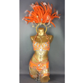 Nové Sexy Samba Rio Karneval Kostýmy Pro Ženy Lady Korálky Flitry belly dance kostým Set s oranžové Peří Hlavy kus