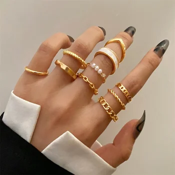 IPARAM Vintage Kovové Geometrické Společný Prsten pro Ženy je Punk Řetězce Zkroucené Kruhu Pearl Prst Prsten Minimalistické Šperky Dárek