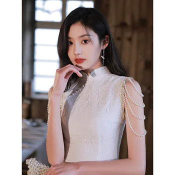 Ženy Bílé Slim Cheongsam Perly Šaty Výroční Zasedání Šaty Čínský Styl Svatební Přípitek Oblečení