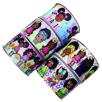 Černá Dívka Kreslený Tištěné Grogénové Stuhy 25mm Květinový Vzor Liston 10yards pro DIY Vlasy Luk Party Řemeslo Dekorace