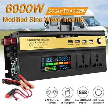 6000W Auto Power Inverter DC 24V AC 220V LED Transformátor Přenosná Univerzální Zásuvka Nabíječka Modifikované Sinusový Měnič