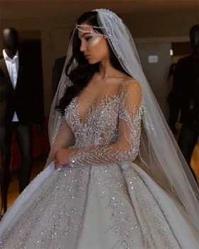Crystal Dubaj Arabské Plesové Šaty Svatební Šaty, Luxusní Miláček S Hlubokým Výstřihem Zamést Vlak Svatební Šaty Bling Korálky Roucho De Mariée