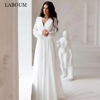 LaBoum Jednoduchá Linka Šifon Svatební Šaty Pro Ženy 2022 Nevěsta Elegantní V-Neck Svatební Šaty S Mašlí Pás Vestido De Casamento