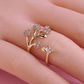Luxusní Krystal, Motýl, Strom, List Snubní Prsteny pro Ženy Móda Zásnubní Šperky Bílé Crystal Otevřené Nastavitelný Prst Prsten