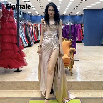 Eightale Šampaňské Večerní Šaty pro Svatební Satén V-Neck Korálkové Plesové Šaty arabské Celebrity Party šaty Šaty de soirée