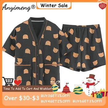 Ženy Letní Nové Bavlněné Kraťasy Kawaii Kimono Stylu Svetr oblečení na Spaní V-neck Elegantní Roztomilý Medvěd Tisk Ležérní Pyžamo pro Dívky