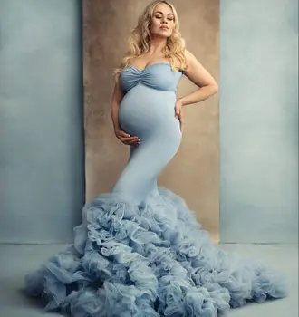 Sky Blue Mermaid Těhotenské Šaty pro Focení nebo Babyshower Zlato Kimono Těhotné Ženy, oblečení na Spaní Župan noční Košile