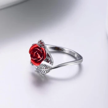 Ženy Otevřené Kroužky Červené Růže Květ Listy Kroužky Jednoduché Módní Prst Prsten Šperky Lady Valentine Den Dárek Šperky