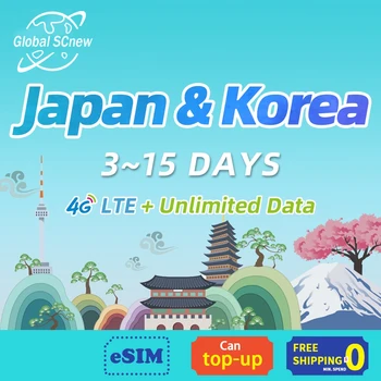 Japonsko Korea SIM karty 3~15 Dní neomezený datový 4G Vysoká Rychlost Podpora eSIM Vysoká rychlost pro cestování