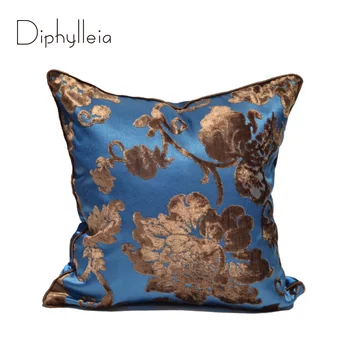 Diphylleia Nové Příjezdu Polštář Kryt Royal Blue Silk Satin Cut Velvet Klasický Čínský Styl Bederní Polštář Na Pohovce V Obývacím Pokoji