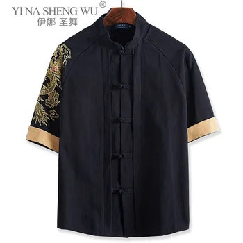 Tang Oblek Krátký Rukáv Topy 9XL Tradiční Čínské Retro Stylu Dračího Samce Výšivky Plus Velikost Košile pro Muže Kung-Fu Oblečení